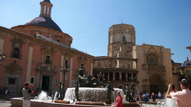 Valencia Spanien 2018 Der Turia Brunnen Auf Der Placa Verge — Stockvideo