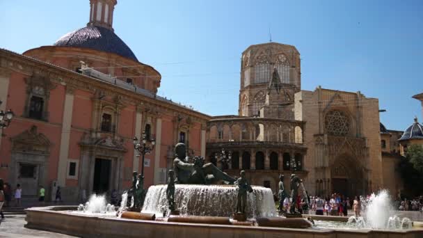 Valencia Spain Circa 2018 Turia Fountain Placa Verge Cathedral Valencia — Stock Video