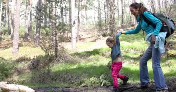 ビデオ 彼女の娘は 年間年齢の女の子 グアダラマ山脈 マドリード スペインの田舎の道で泥の水たまりを横断歩行に手を保持している女性 — ストック動画