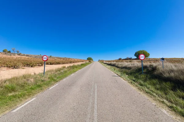 Landstraße Mit Zwei Überholverbotssignalen Einer Landschaft Kastilien Spanien Europa — Stockfoto