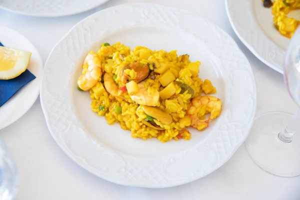 Luftaufnahme Der Spanischen Paella Mit Garnelen Miesmuscheln Tintenfischen Tintenfischen Tintenfischen — Stockfoto