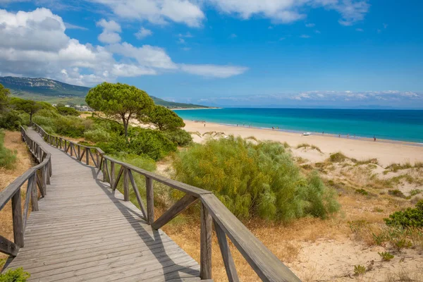 Paisaje Playa Bolonia Tarifa Cádiz Andalucía Cádiz Con Pasarela Madera — Foto de Stock