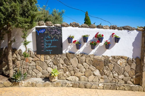 スペインのレストランの植木鉢を用いた外壁にスペイン語で手書きされた典型的な魚メニュー テキストと黒のプラカード — ストック写真