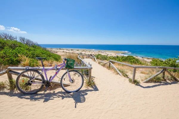 Bicicleta Roxa Estacionada Lado Acesso Praia Passarela Areia Até Costa — Fotografia de Stock