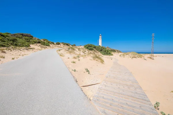 Bifurcation Two Ways Lighthouse Cape Trafalgar Asphalt Road Wooden Footway — Stock Photo, Image