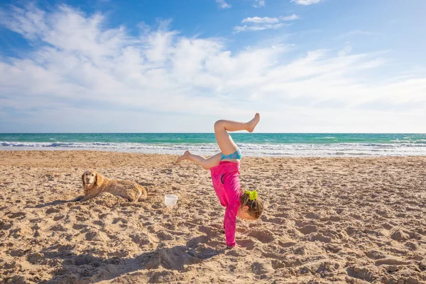 Niña Cuatro Años Haciendo Parada Manos Junto Perro Tendido Playa —  Fotos de Stock