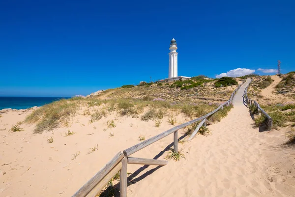 Sentiero Legno Con Sabbia Fino Faro Capo Trafalgar Nel Villaggio — Foto Stock