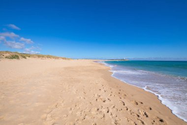 vahşi doğal uzun Zahora ve plajları Cala Isabel, Canos fırlayan Köyü (Barbate, Cadiz, Endülüs, İspanya) ve Cape Trafalgar deniz feneri ile güzel ve pastoral manzara