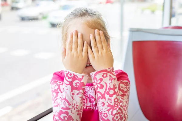 Portrait Four Years Old Girl Pink Shirt Hiding Her Eyes — Stock Photo, Image