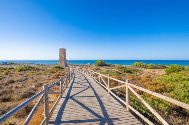 wooden footpath to ancient Thieves Tower, from year 1500, in Artola Dunes Natural Park, next to Mediterranean Sea, in Cabopino of Marbella town (Malaga, Andalusia, Spain, Europe) clipart