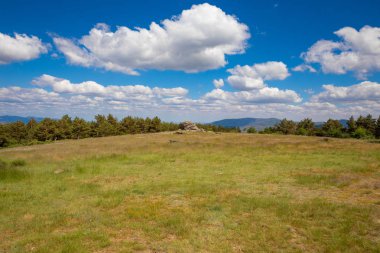 mavi gökyüzü, bulutlar ve yeşil çim çayır Navafria dağlarında Guadarrama Tabiat Parkı (Madrid, İspanya, Avrupa ile manzara)