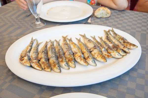 白色的大菜 一组沙丁鱼鱼 一排排熟 准备在餐馆的桌子上吃 — 图库照片