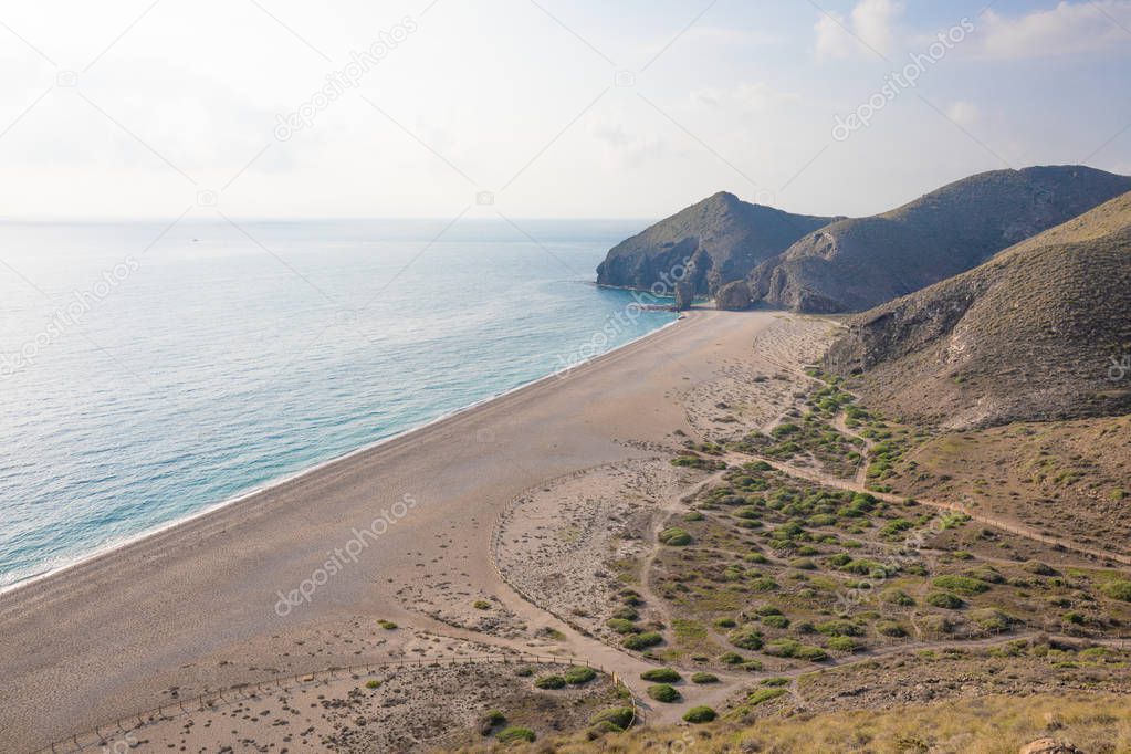 famous Beach of the Dead People from above, in Gata Cape Natural Park (Cabo de Gata in Spanish), beautiful touristic destination, in Almeria (Carboneras, Andalusia, Spain, Europe)