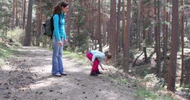 Dört yaşında sarışın kız el ile taş atma, annesinin yanında, Guadarrama dağlarının kırsal bir ormanda bir iz, Madrid, İspanya. 4k video. 