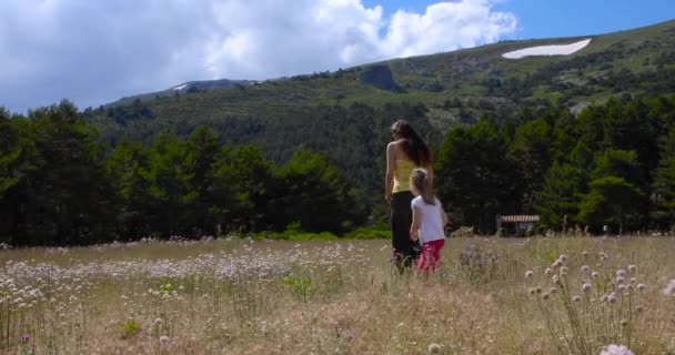 4歳のブロンドの女の子と女性 母と娘 花と草原を歩いて グアダラマ山脈の田舎で マドリード スペイン ヨーロッパの近く 4Kビデオ — ストック動画