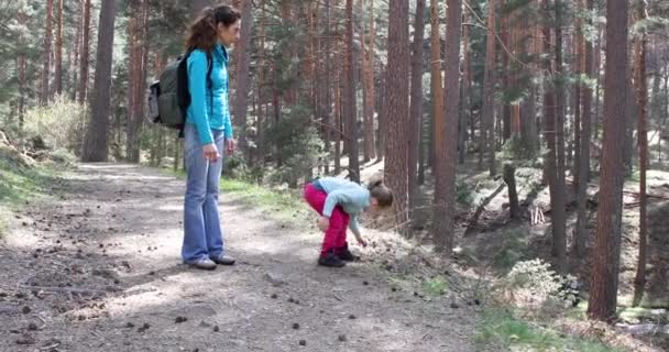 4歳のブロンドの女の子は グアダラマ山脈 マドリード スペインの田園地帯の森のトレイルで 彼女の母親の隣に 手で石を投げる 4Kビデオ — ストック動画