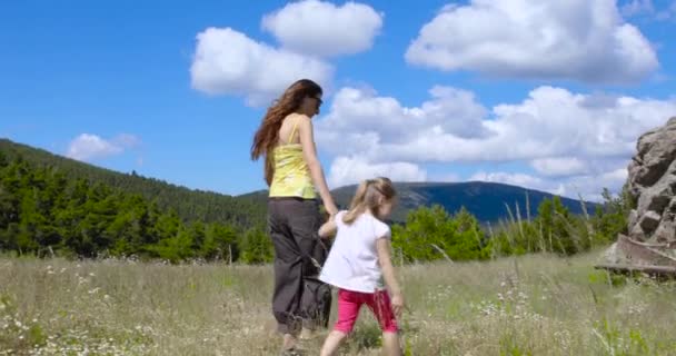 Mujer Hija Niña Rubia Cuatro Años Cogida Mano Caminando Prado — Vídeo de stock