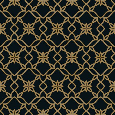 Siyah arka plan üzerine kesişen ince altın satırlarının seamless modeli. Soyut sorunsuz süsleme.