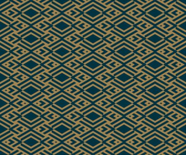 Çizgileri, eşkenar dörtgenleri ve kusursuz vektör arkaplanı olan soyut geometrik desen. Mavi-siyah ve altın rengi