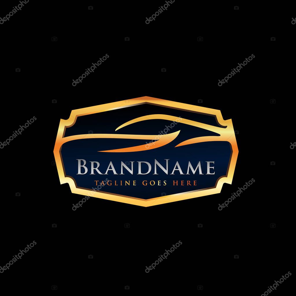 Automotive Logo Template with luxury car illustration in gold emblem color on black background