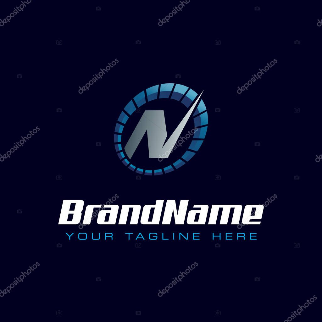 Letter N spedometer logo. Tachometer speed logo