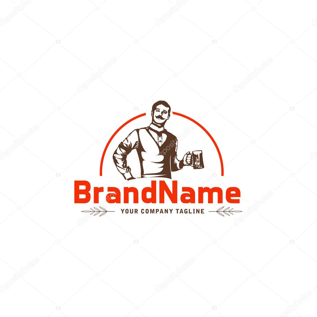 young hipster man holding bottle of craft beer vector label design. Logotype and badge template for breweries, pubs, brasseries, brew houses and beer bars