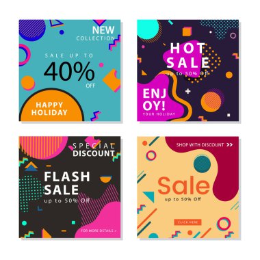 Trendy geometrik şekiller memphis grafik elemanı ile kare sosyal medya sonrası şablon koleksiyonu