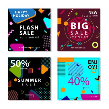 Trendy geometrik şekiller memphis grafik elemanı ile kare sosyal medya sonrası şablon koleksiyonu