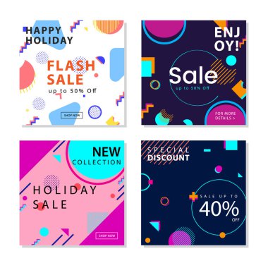 Trendy geometrik şekiller memphis grafik elemanı ile kare sosyal medya sonrası şablon koleksiyonu