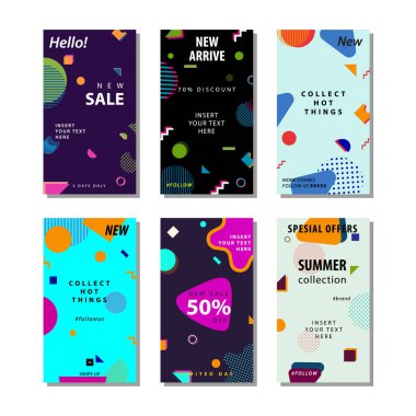 trendy geometrik şekiller memphis eleman ile satış afiş arka plan ayarlayın. Afiş satışı, sunum, sosyal medya hikayeleri, hikaye, promosyon, el ilanı, poster ve broşür için uygundur