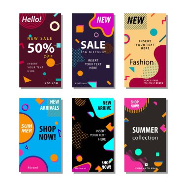 trendy geometrik şekiller memphis eleman ile satış afiş arka plan ayarlayın. Afiş satışı, sunum, sosyal medya hikayeleri, hikaye, promosyon, el ilanı, poster ve broşür için uygundur