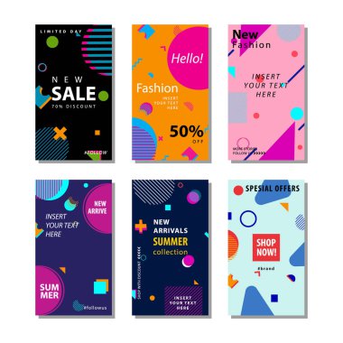 trendy geometrik şekiller memphis eleman ile satış afiş arka plan ayarlayın. Afiş satışı, sunum, sosyal medya hikayeleri, hikaye, promosyon, el ilanı, poster ve broşür için uygundur