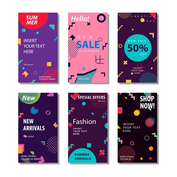 Set sale banner fondo con formas geométricas de moda elemento memphis. Adecuado para la venta de pancartas, presentación, historias de redes sociales, historia, promoción, volante, póster y folleto — Vector de stock