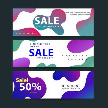 Yatay afiş seti için vektör tasarımı, degradeli Renkli sıvı şekilli web afişleri.