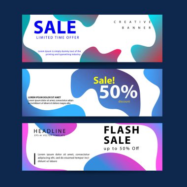 Yatay afiş seti için vektör tasarımı, degradeli Renkli sıvı şekilli web afişleri.