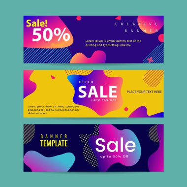 Dinamik renkli formları ve çizgi ile soyut modern grafik sıvı afiş seti. Akan sıvı şekilli degrade soyut afişler.