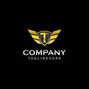 kanatları altın renkli logo tasarım konsept şablonu vektör ile mektup T kalkan
