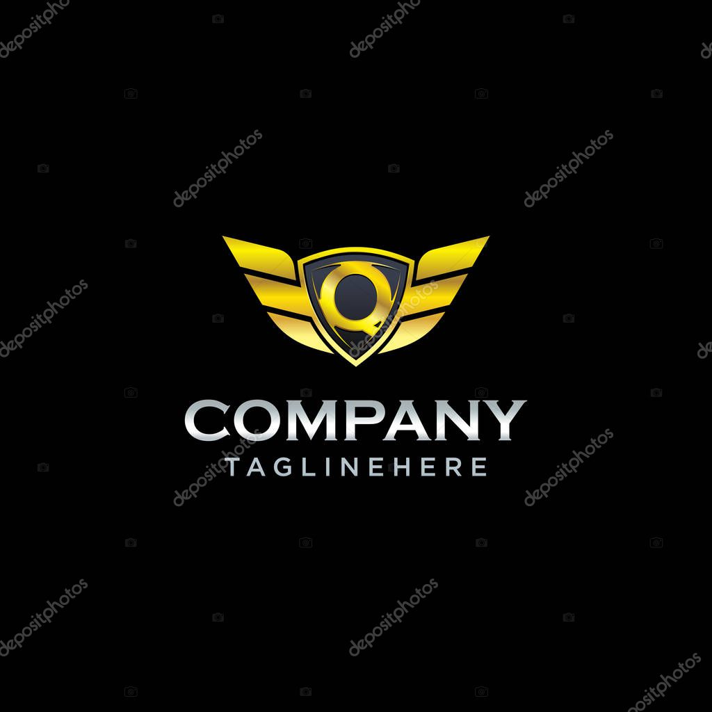 Letter Q shield with wings gold color logo design concept template vector
