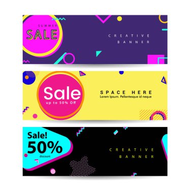 Memphis tarzı Banner Tasarım Seti geometrik şekiller ile Renkli şablonlar, Reklam daveti için mükemmel, sunum Üstbilgi, Sayfa, Kapak, Vektör illüstrasyon