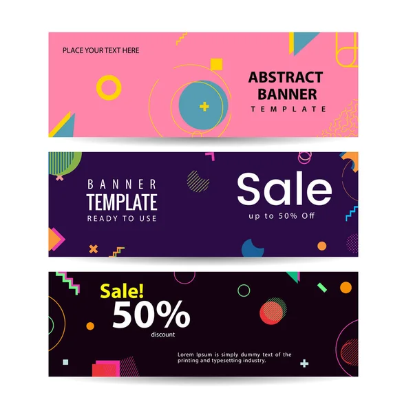Memphis style Banner Design Set of Colorful templates with geometric shapes, Perfect for Ad invitation, presentation Header, Page, Cover, Vector illustration — Stock Vector