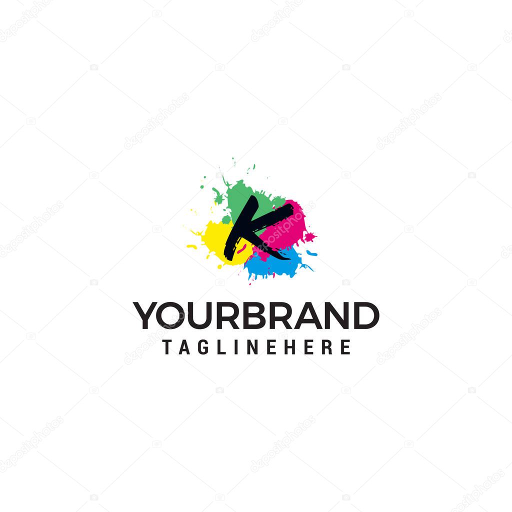 Letter K logo at colorful paint splash background design element template