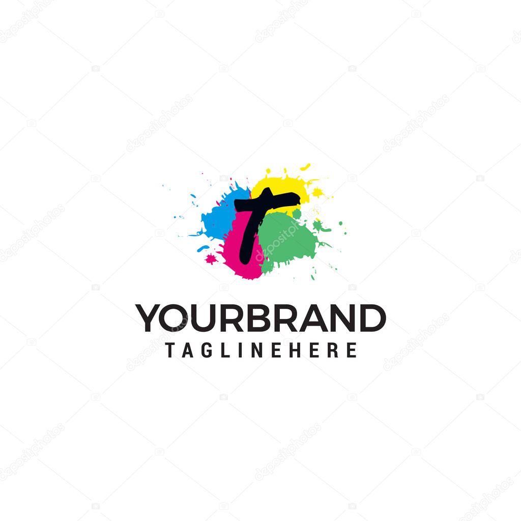 Letter T logo at colorful paint splash background design element template
