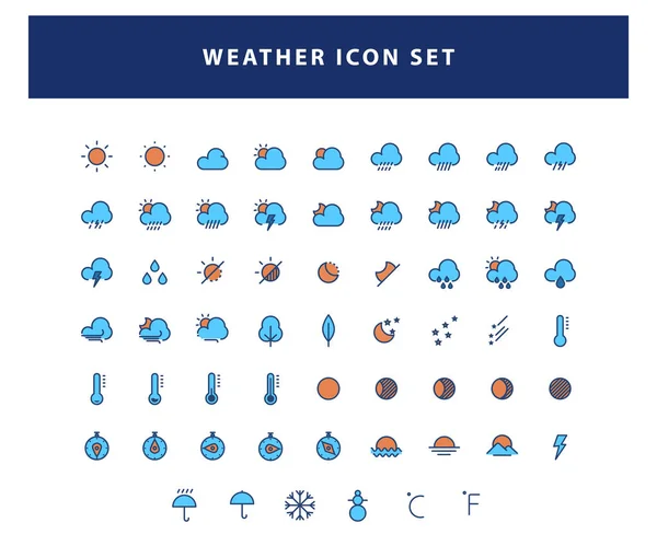 完全なアウトラインスタイルのデザインベクトルを持つ気象アイコンのセット — ストックベクタ
