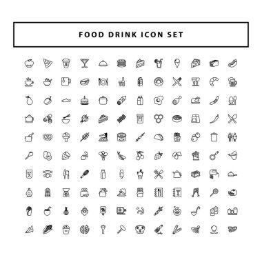 Gıda ve İçecek simgeleri ana hatlı biçim tasarımlı vektör belirledi