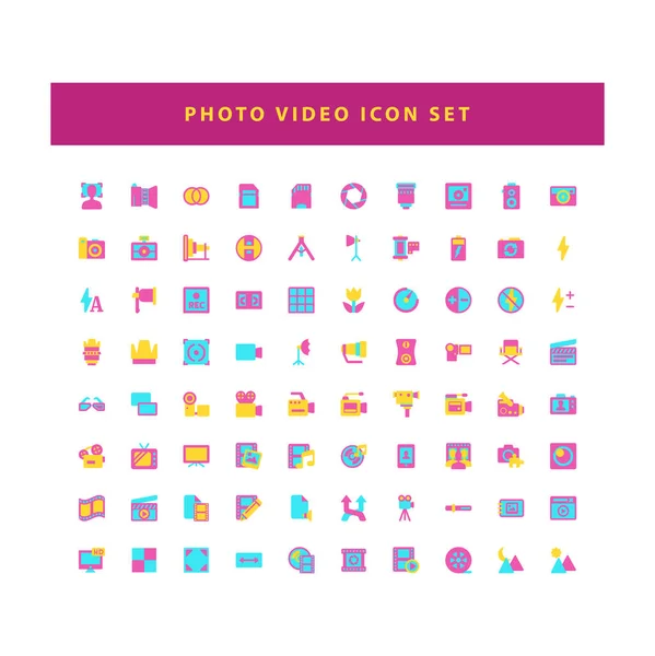 Conjunto Iconos Foto Video Con Diseño Estilo Color Plano — Vector de stock