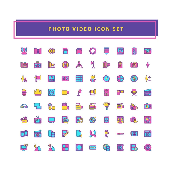 Conjunto Iconos Foto Video Con Diseño Estilo Contorno Lleno — Vector de stock