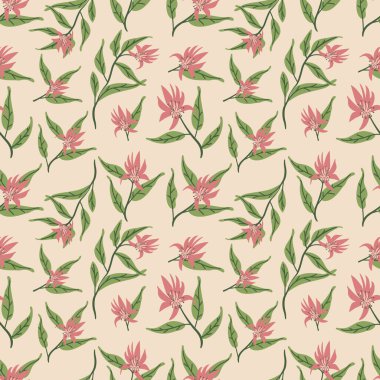 Güzel yabani çiçekler tekstil desenli tasarım. Parmak izi, duvar kağıdı, moda şablonu için kusursuz çiçek desenli arkaplan vektörü
