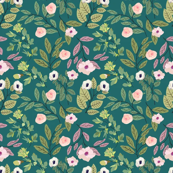 Flor Pequeña Vintage Lindo Sin Costuras Con Fondo Patrón Hoja — Vector de stock