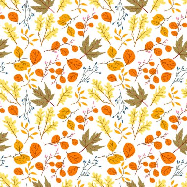 Meşe yaprakları ve meşe palamutlarıyla kusursuz desen. Duvar kağıtları, ambalaj kağıtları, desenler, tekstil, sonbahar tebrik kartları, Şükran Günü kartları için mükemmel.