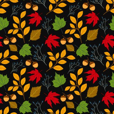Sonbahar yapraklı, dikişsiz desen, sonbahar yapraklı arka plan. Soyut yaprak dokusu. Güzel arkaplan. Yaprak düştü. Renkli yapraklar. Moda baskıları için zarif bir şablon
